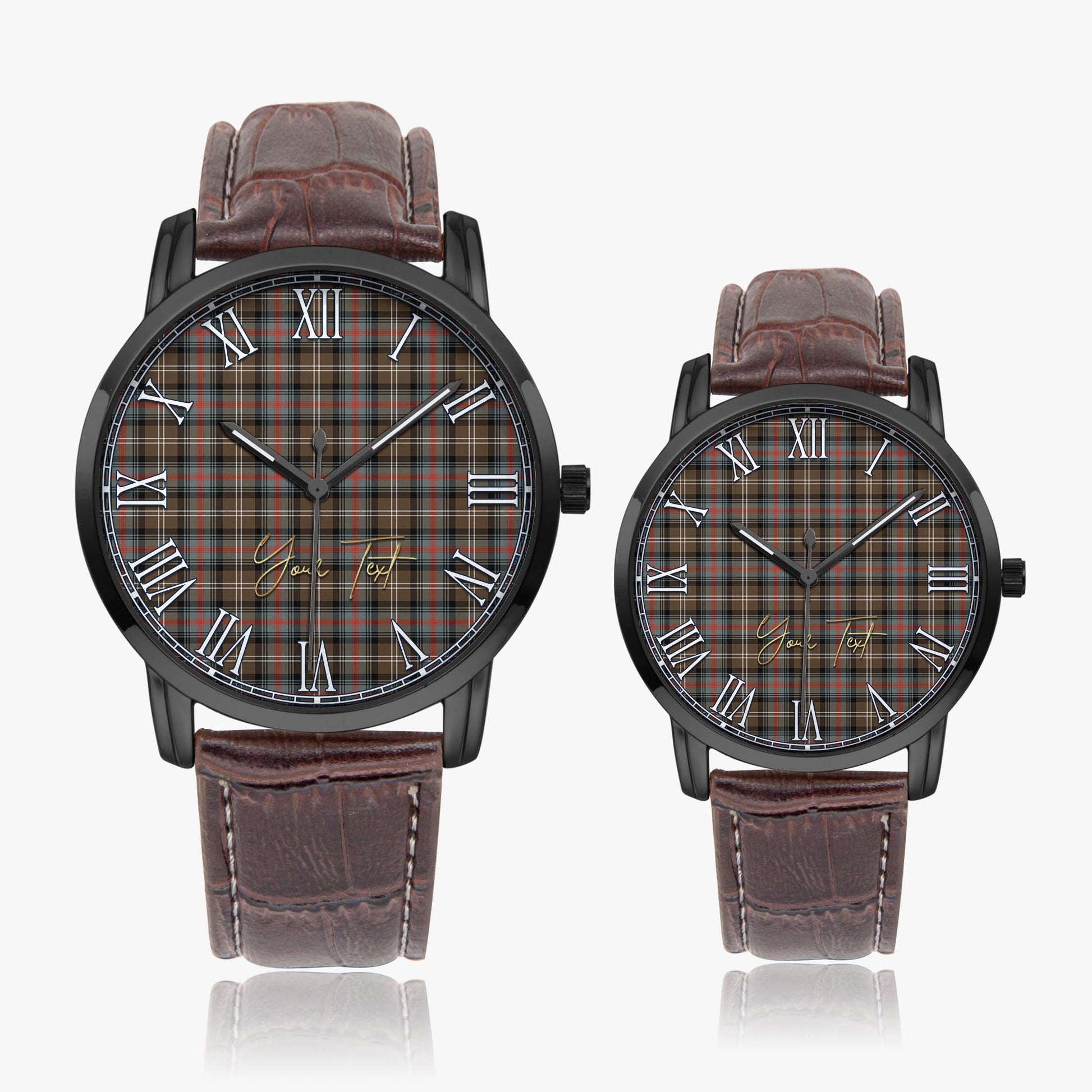 Sutherland Weathered Tartan Personalized Your Text Leather Trap Quartz Watch Wide Type Black Case With Brown Leather Strap - Tartanvibesclothing Shop