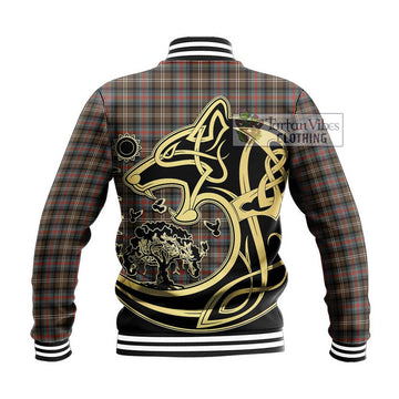 Sutherland Weathered Tartan Baseball Jacket with Family Crest Celtic Wolf Style