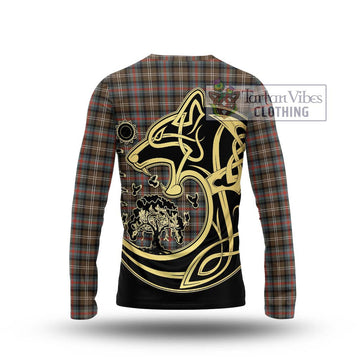 Sutherland Weathered Tartan Long Sleeve T-Shirt with Family Crest Celtic Wolf Style