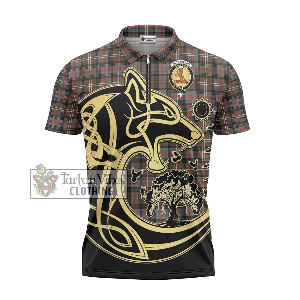 Sutherland Weathered Tartan Zipper Polo Shirt with Family Crest Celtic Wolf Style - Tartanvibesclothing Shop