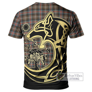 Sutherland Weathered Tartan T-Shirt with Family Crest Celtic Wolf Style