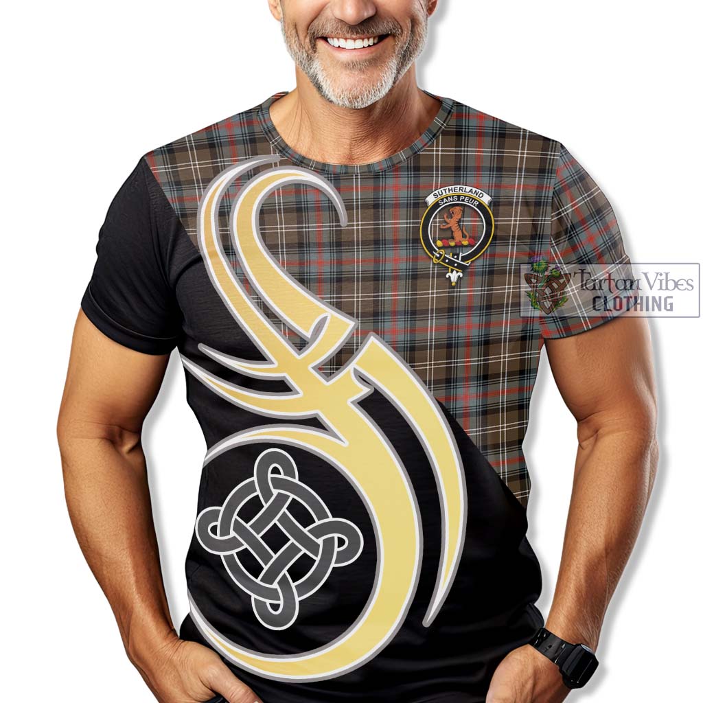 Tartan Vibes Clothing Sutherland Weathered Tartan T-Shirt with Family Crest and Celtic Symbol Style