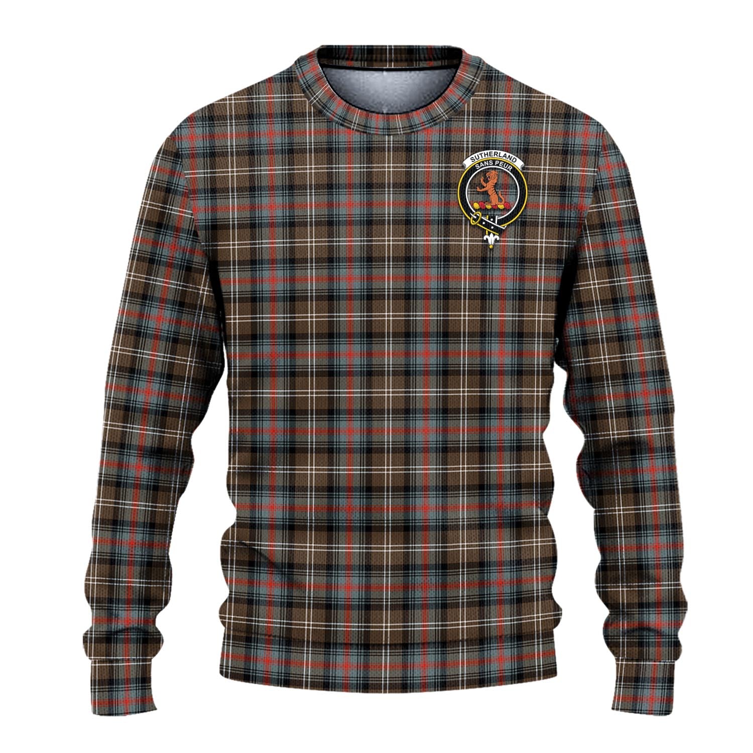 Sutherland Weathered Tartan Knitted Sweater with Family Crest - Tartanvibesclothing