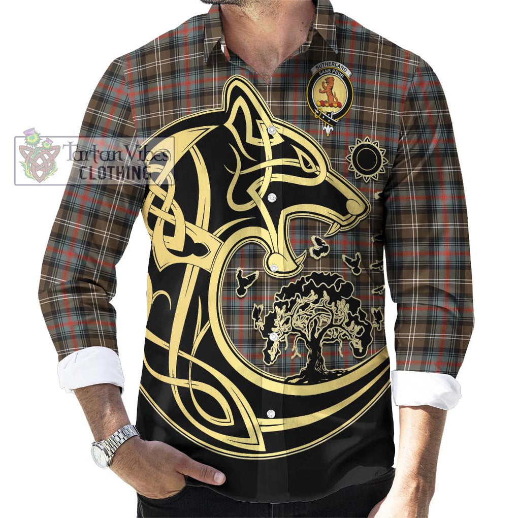 Sutherland Weathered Tartan Long Sleeve Button Shirt with Family Crest Celtic Wolf Style - Tartan Vibes Clothing