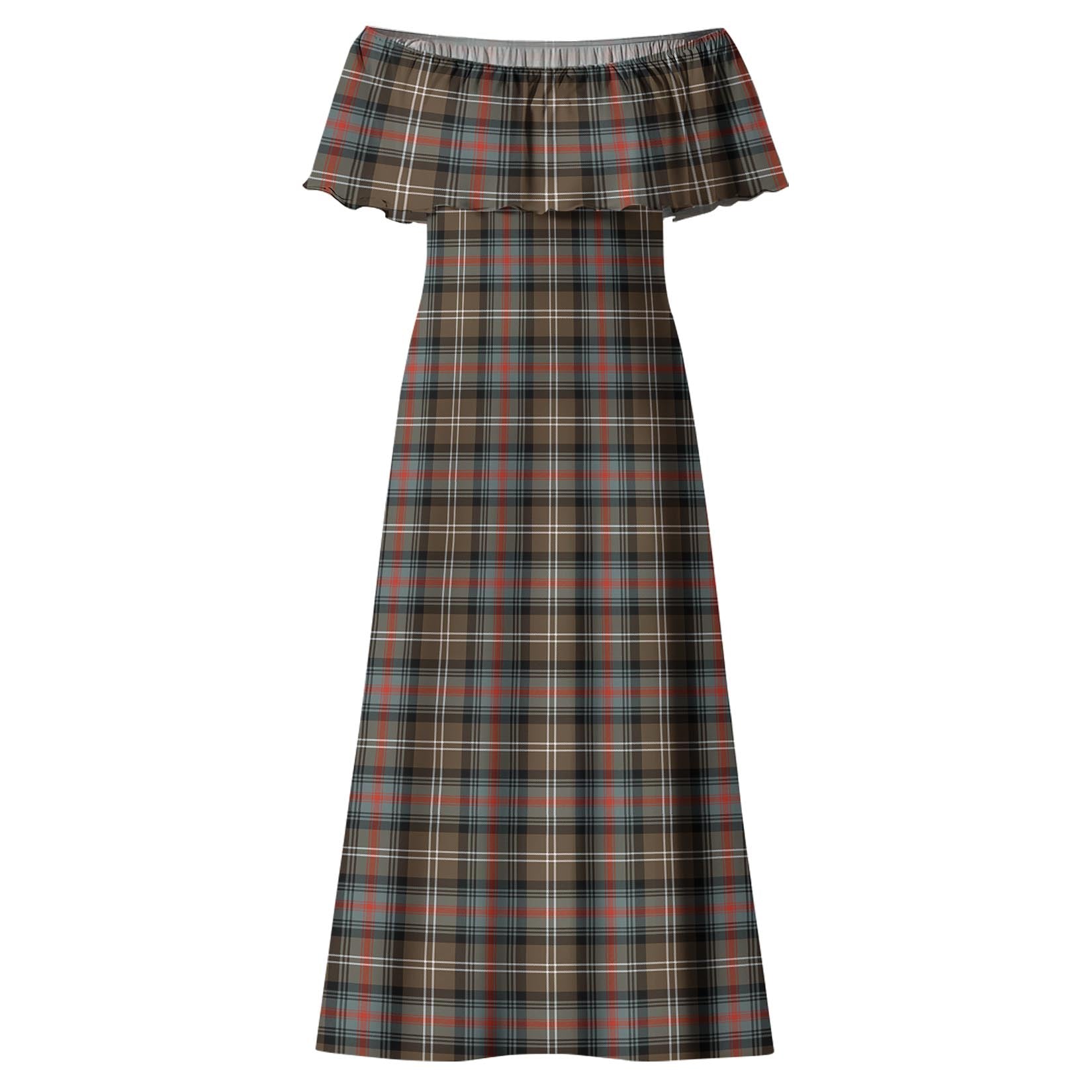 Sutherland Weathered Tartan Off Shoulder Long Dress - Tartanvibesclothing