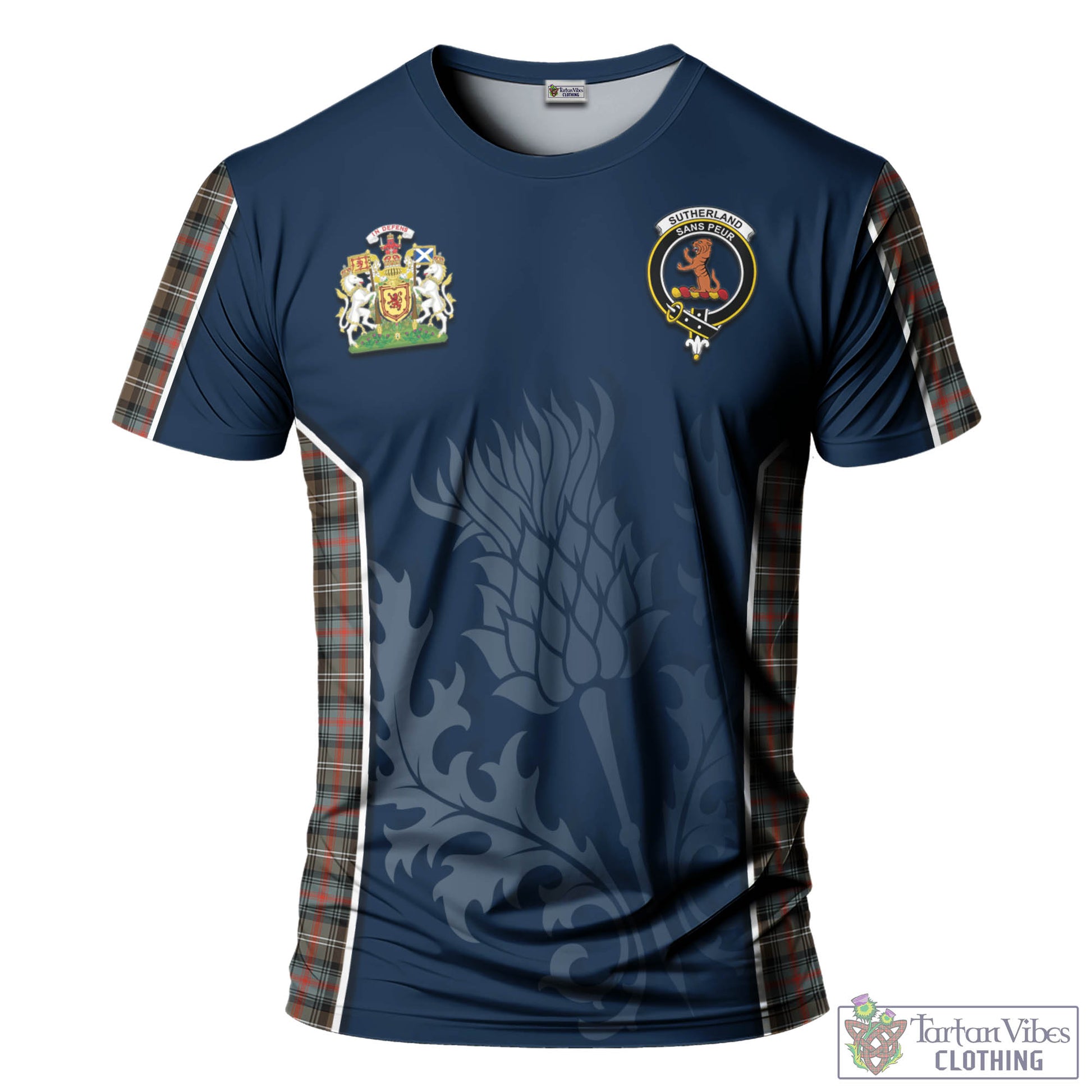 Tartan Vibes Clothing Sutherland Weathered Tartan T-Shirt with Family Crest and Scottish Thistle Vibes Sport Style