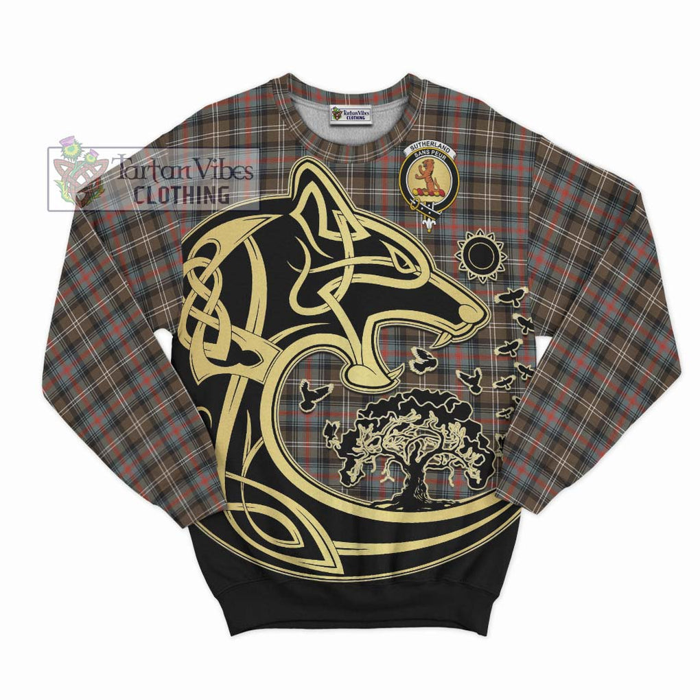 Sutherland Weathered Tartan Sweatshirt with Family Crest Celtic Wolf Style - Tartan Vibes Clothing