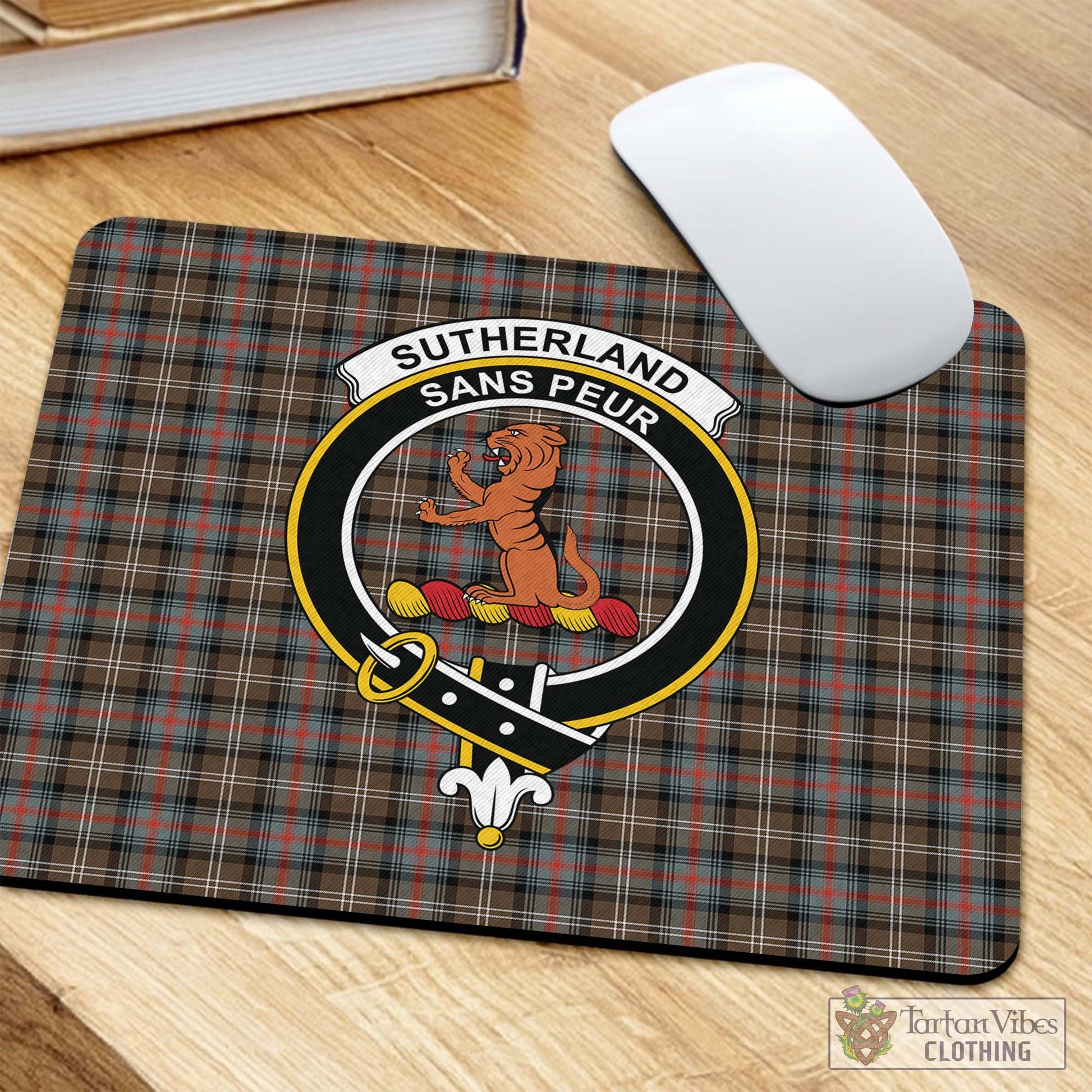 Tartan Vibes Clothing Sutherland Weathered Tartan Mouse Pad with Family Crest