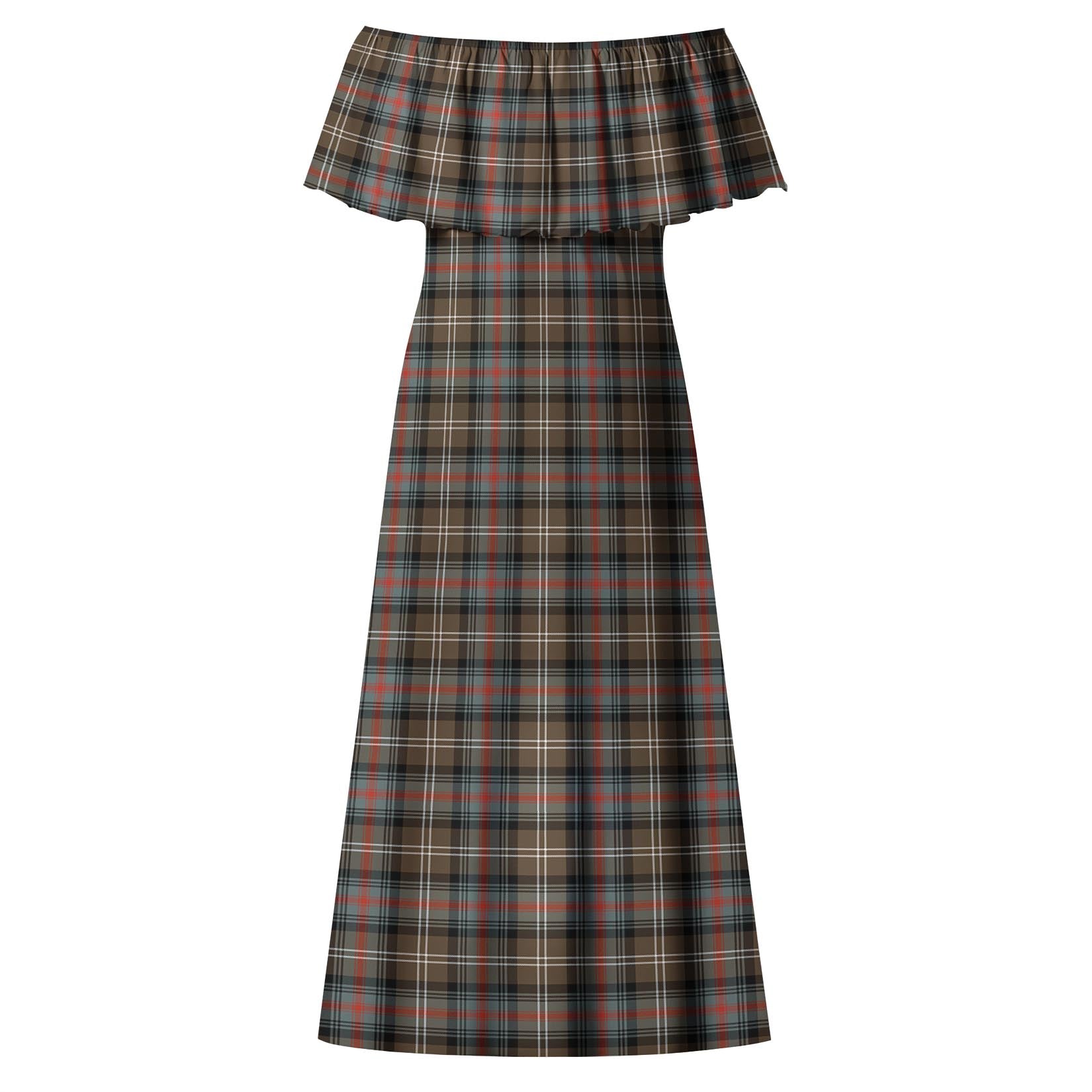 Sutherland Weathered Tartan Off Shoulder Long Dress - Tartanvibesclothing