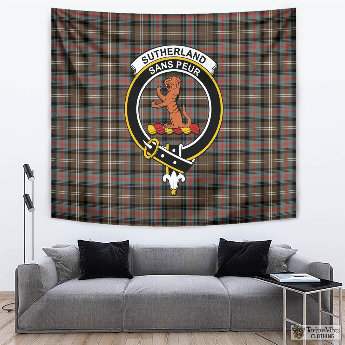 Tartan Vibes Clothing Sutherland Weathered Tartan Tapestry Wall Hanging and Home Decor for Room with Family Crest