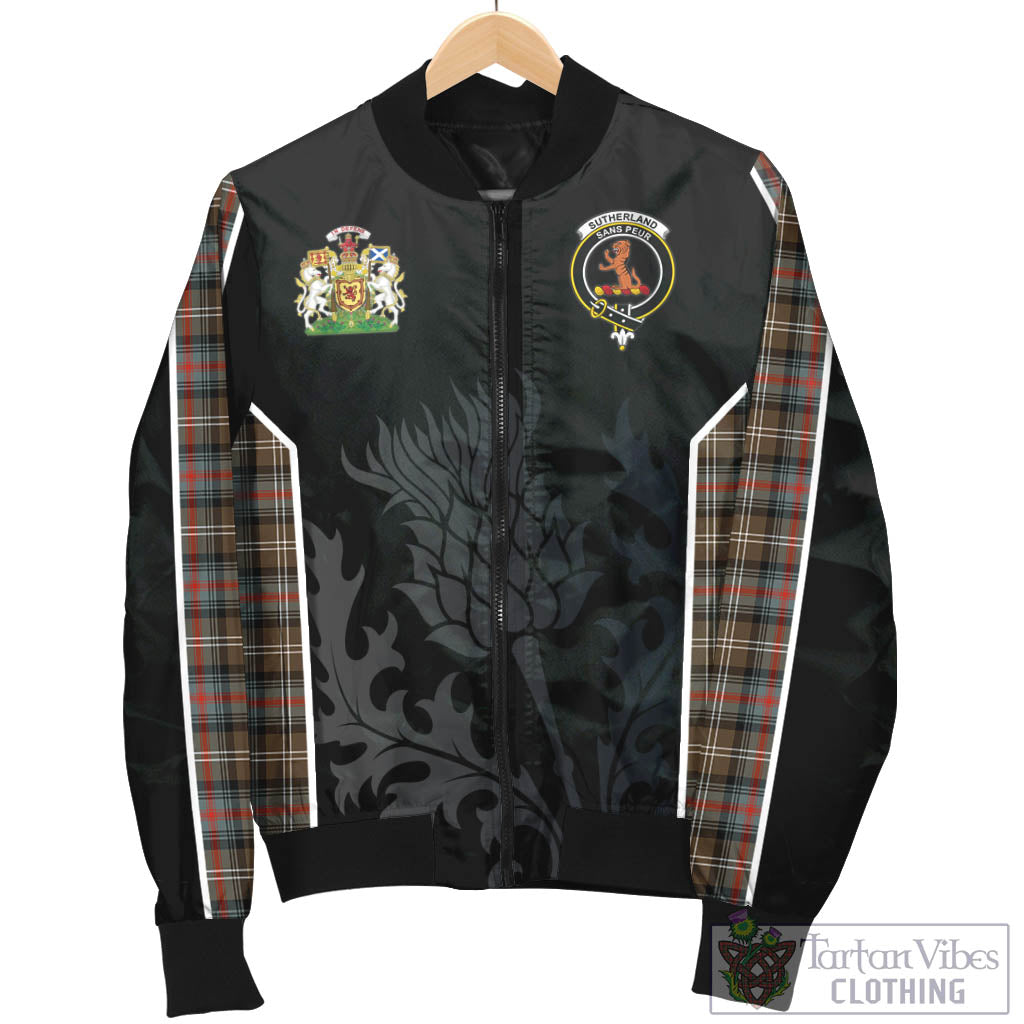 Tartan Vibes Clothing Sutherland Weathered Tartan Bomber Jacket with Family Crest and Scottish Thistle Vibes Sport Style