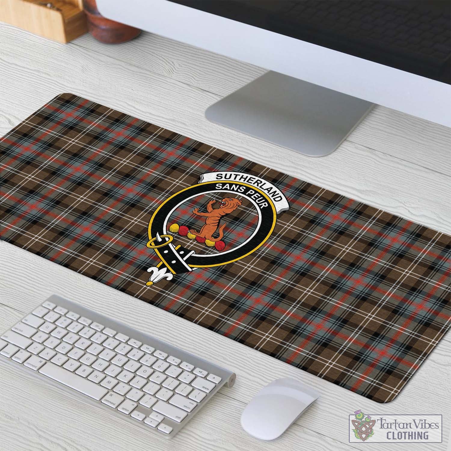 Tartan Vibes Clothing Sutherland Weathered Tartan Mouse Pad with Family Crest