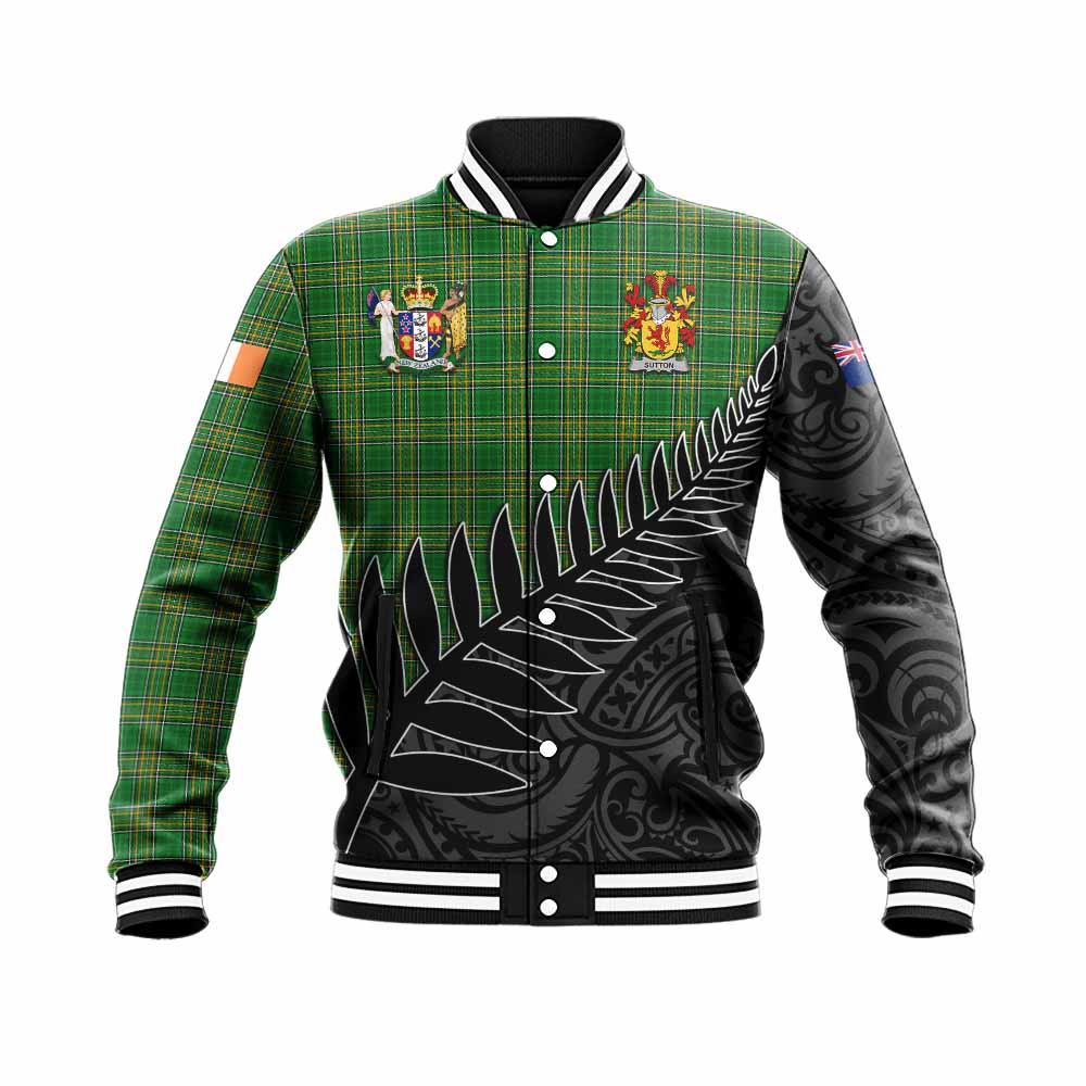 Tartan Vibes Clothing Sutton Irish Clan Tartan Baseball Jacket with Coat of Arms New Zealand Silver Fern Half Style