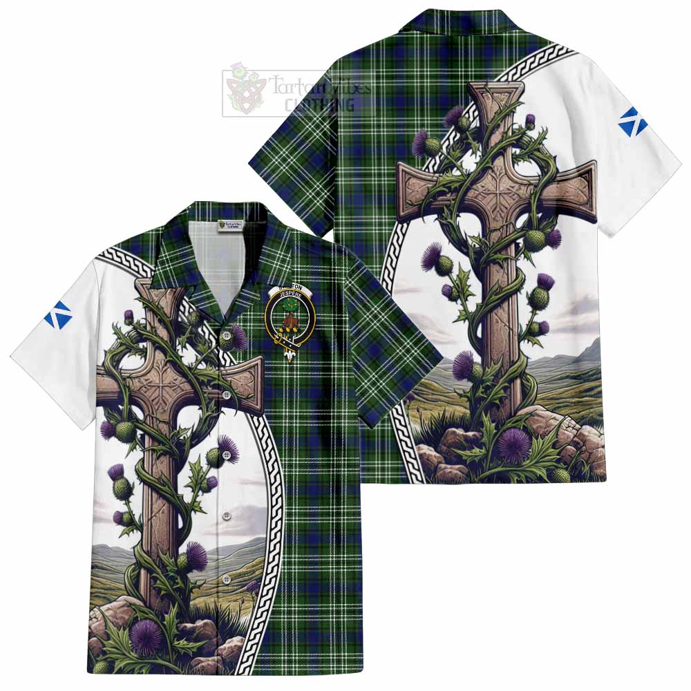 Tartan Vibes Clothing Swinton Tartan Short Sleeve Button Shirt with Family Crest and St. Andrew's Cross Accented by Thistle Vines