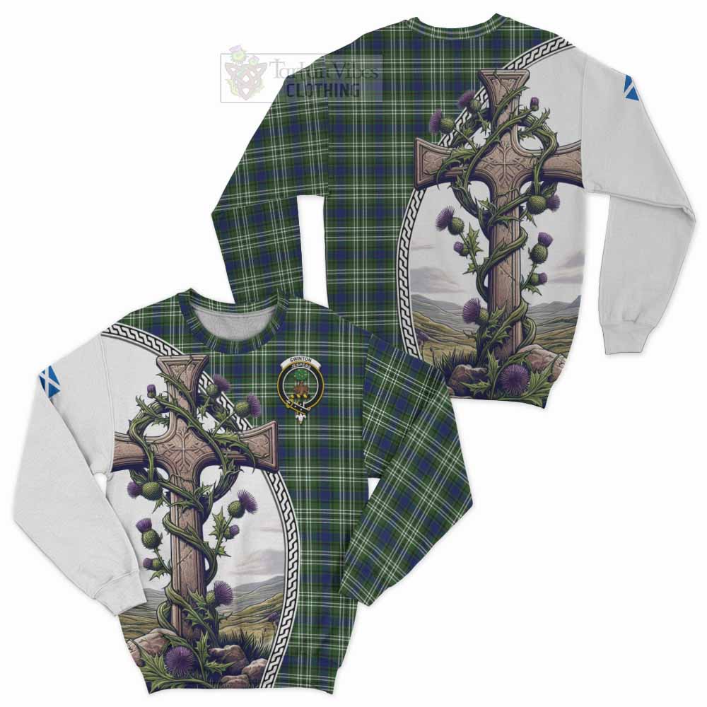 Tartan Vibes Clothing Swinton Tartan Sweatshirt with Family Crest and St. Andrew's Cross Accented by Thistle Vines