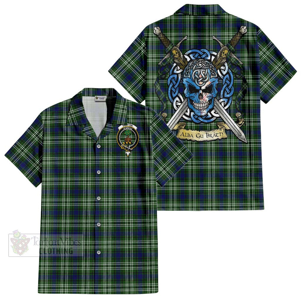 Tartan Vibes Clothing Swinton Tartan Short Sleeve Button Shirt with Family Crest Celtic Skull Style