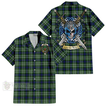 Swinton Tartan Short Sleeve Button Shirt with Family Crest Celtic Skull Style