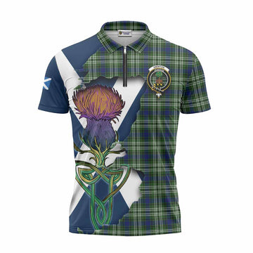 Swinton Tartan Family Crest Zipper Polo Shirt Scottish Thistle Celtic Inspired Unisex - Tartan Vibes Clothing