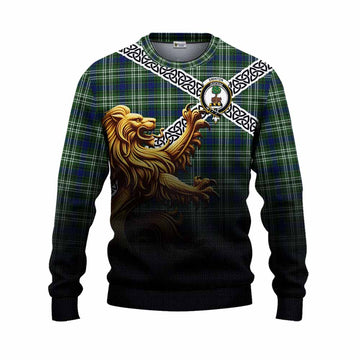 Swinton Crest Tartan Knitted Sweater with Golden Lion Emblem Celtic Style Unisex - Tartan Vibes Clothing