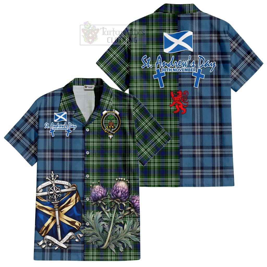 Tartan Vibes Clothing Swinton Tartan Short Sleeve Button Shirt Happy St. Andrew's Day Half Tartan Style