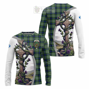 Swinton Tartan Long Sleeve T-Shirt with Family Crest and St. Andrew's Cross Accented by Thistle Vines Unisex - Tartan Vibes Clothing