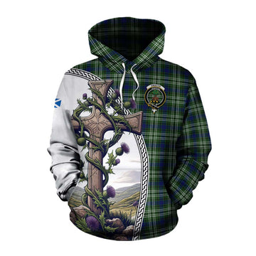 Swinton Tartan Cotton Hoodie with Family Crest and St. Andrew's Cross Accented by Thistle Vines Pullover Hoodie XS - Tartan Vibes Clothing