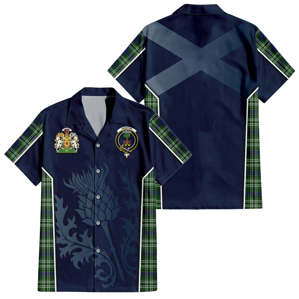 Tartan Vibes Clothing Swinton Tartan Short Sleeve Button Up Shirt with Family Crest and Scottish Thistle Vibes Sport Style