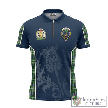 Swinton Tartan Zipper Polo Shirt with Family Crest and Scottish Thistle Vibes Sport Style Unisex - Tartan Vibes Clothing