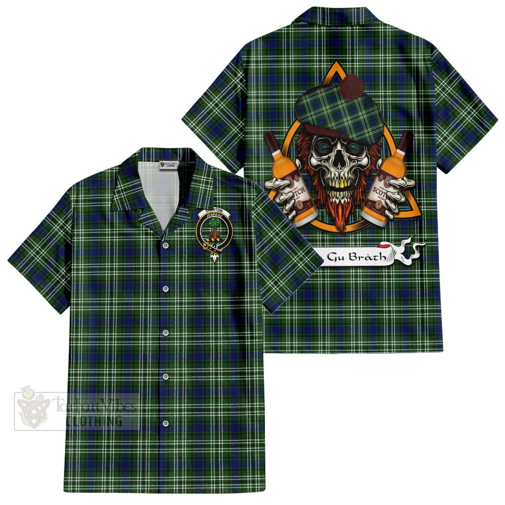 Tartan Vibes Clothing Swinton Tartan Short Sleeve Button Shirt with Family Crest and Bearded Skull Holding Bottles of Whiskey