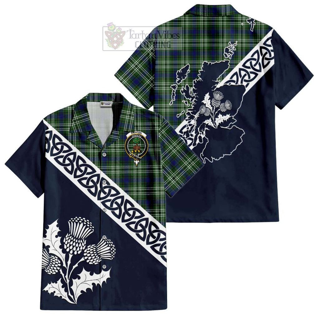 Tartan Vibes Clothing Swinton Tartan Short Sleeve Button Shirt Featuring Thistle and Scotland Map