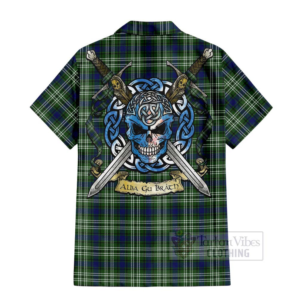 Tartan Vibes Clothing Swinton Tartan Short Sleeve Button Shirt with Family Crest Celtic Skull Style