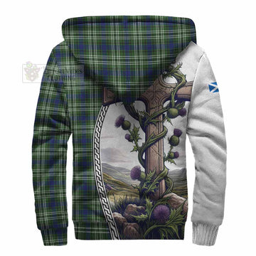 Swinton Tartan Sherpa Hoodie with Family Crest and St. Andrew's Cross Accented by Thistle Vines - Tartan Vibes Clothing