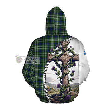 Swinton Tartan Cotton Hoodie with Family Crest and St. Andrew's Cross Accented by Thistle Vines Pullover Hoodie - Tartan Vibes Clothing