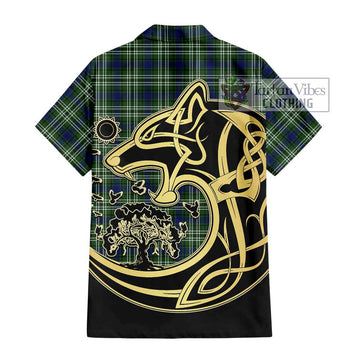 Swinton Tartan Short Sleeve Button Shirt with Family Crest Celtic Wolf Style