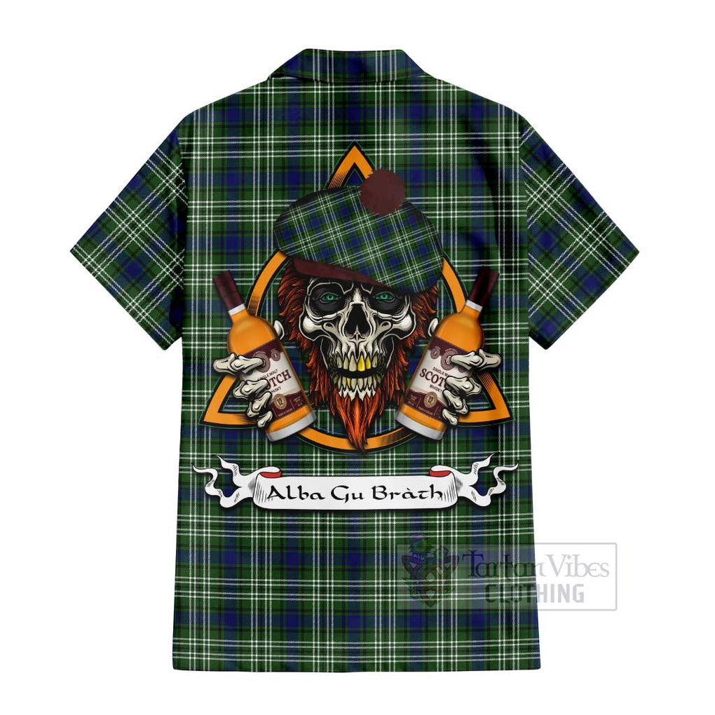 Tartan Vibes Clothing Swinton Tartan Short Sleeve Button Shirt with Family Crest and Bearded Skull Holding Bottles of Whiskey