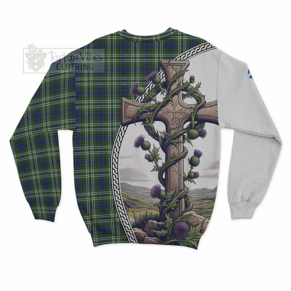 Tartan Vibes Clothing Swinton Tartan Sweatshirt with Family Crest and St. Andrew's Cross Accented by Thistle Vines