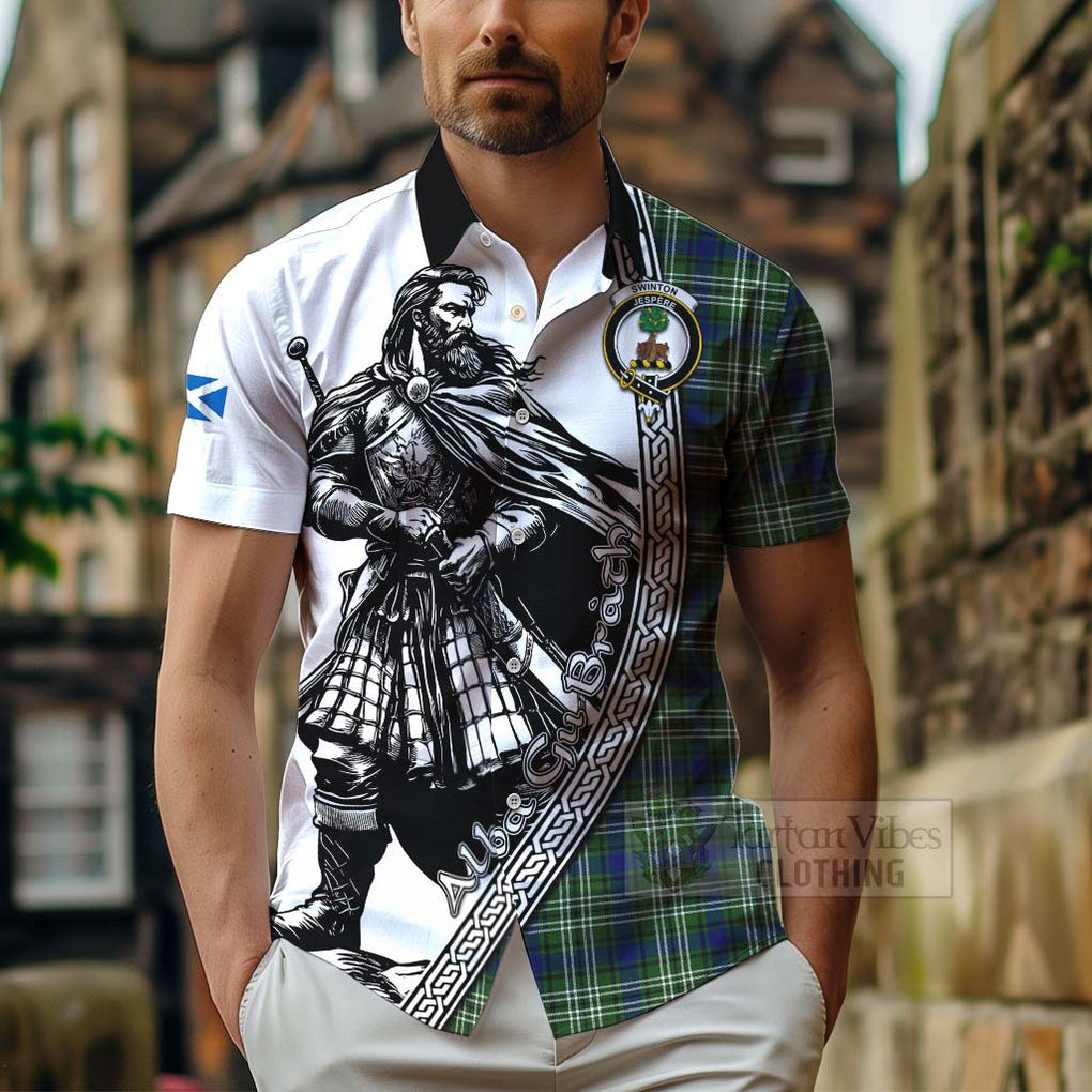 Tartan Vibes Clothing Swinton Tartan Clan Crest Short Sleeve Button Shirt with Highlander Warrior Celtic Style