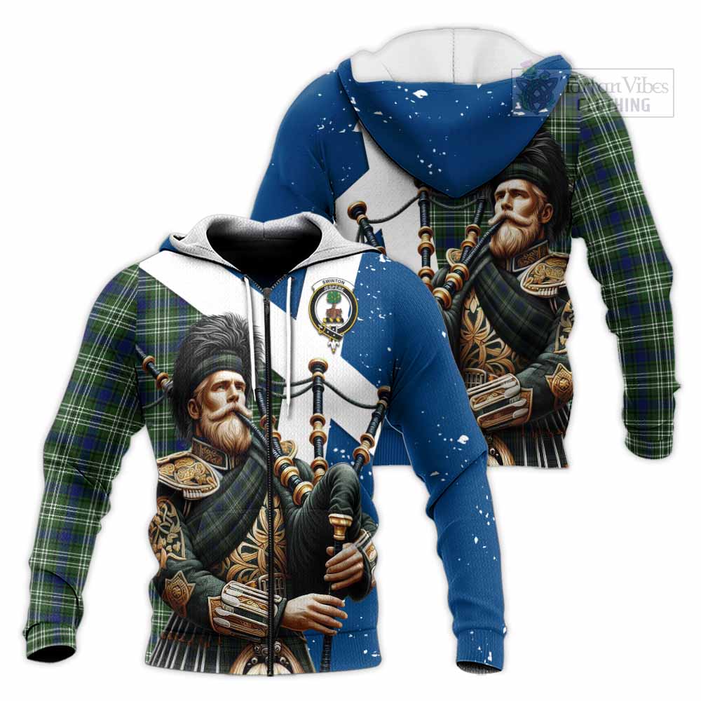 Tartan Vibes Clothing Swinton Tartan Knitted Hoodie with Family Crest Scottish Bagpiper Vibes