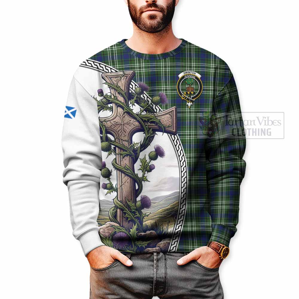 Tartan Vibes Clothing Swinton Tartan Sweatshirt with Family Crest and St. Andrew's Cross Accented by Thistle Vines