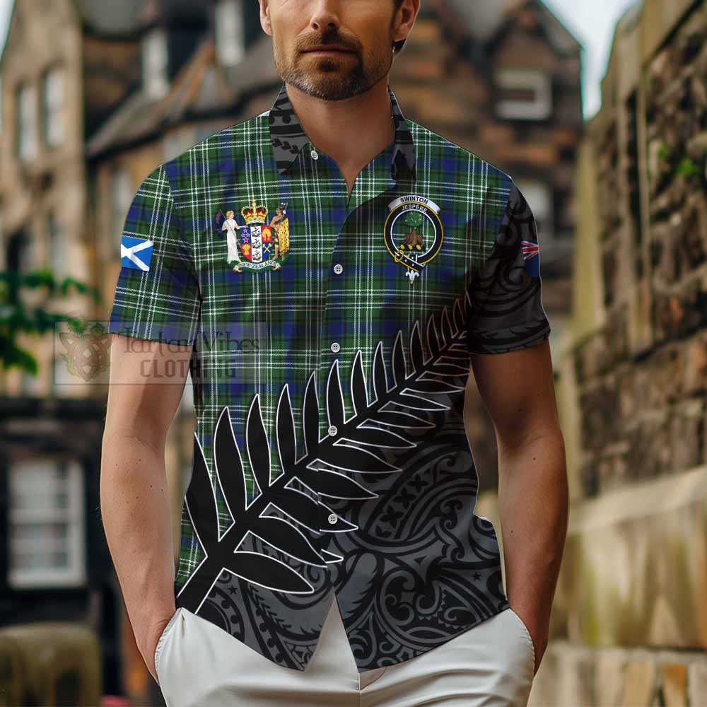 Tartan Vibes Clothing Swinton Crest Tartan Short Sleeve Button Shirt with New Zealand Silver Fern Half Style