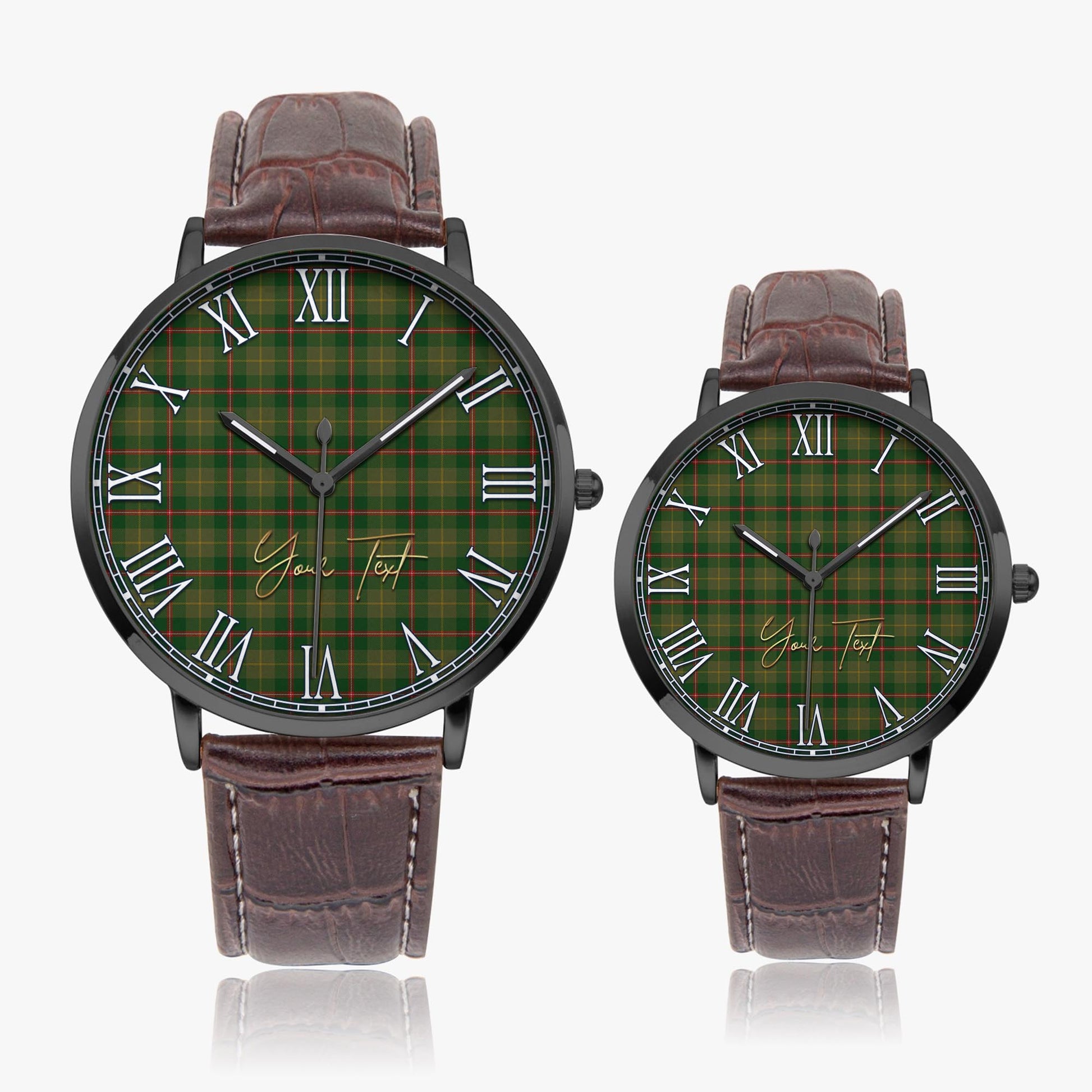 Symington Tartan Personalized Your Text Leather Trap Quartz Watch Ultra Thin Black Case With Brown Leather Strap - Tartanvibesclothing Shop