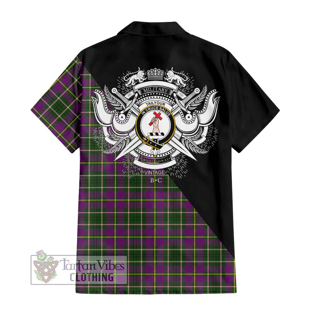 Tailylour Tartan Short Sleeve Button Shirt with Family Crest and Military Logo Style - Tartanvibesclothing Shop