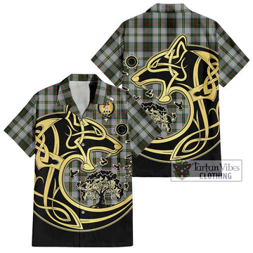 Tailylour Dress Tartan Short Sleeve Button Shirt with Family Crest Celtic Wolf Style