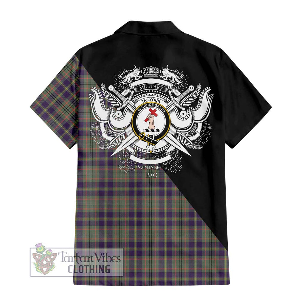 Tailylour Weathered Tartan Short Sleeve Button Shirt with Family Crest and Military Logo Style - Tartanvibesclothing Shop