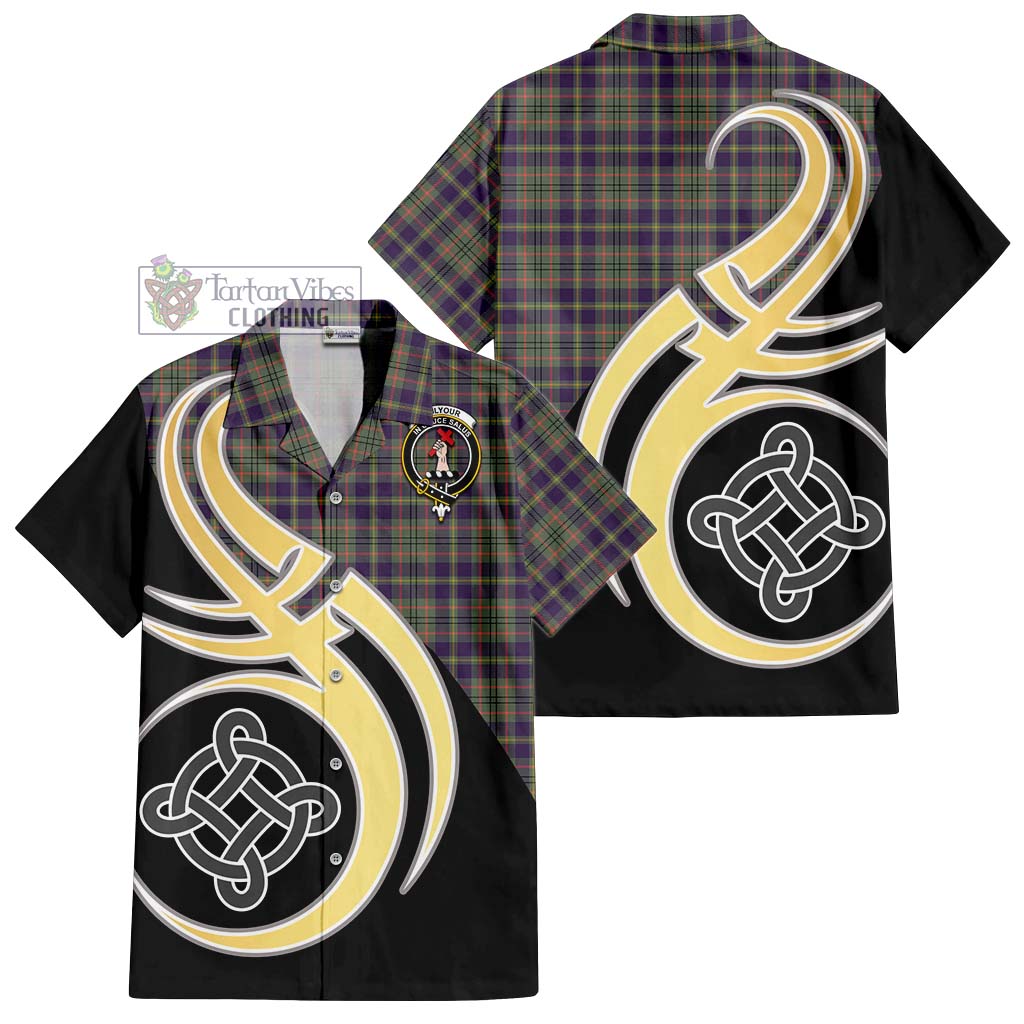 Tailylour Weathered Tartan Short Sleeve Button Shirt with Family Crest and Celtic Symbol Style - Tartan Vibes Clothing