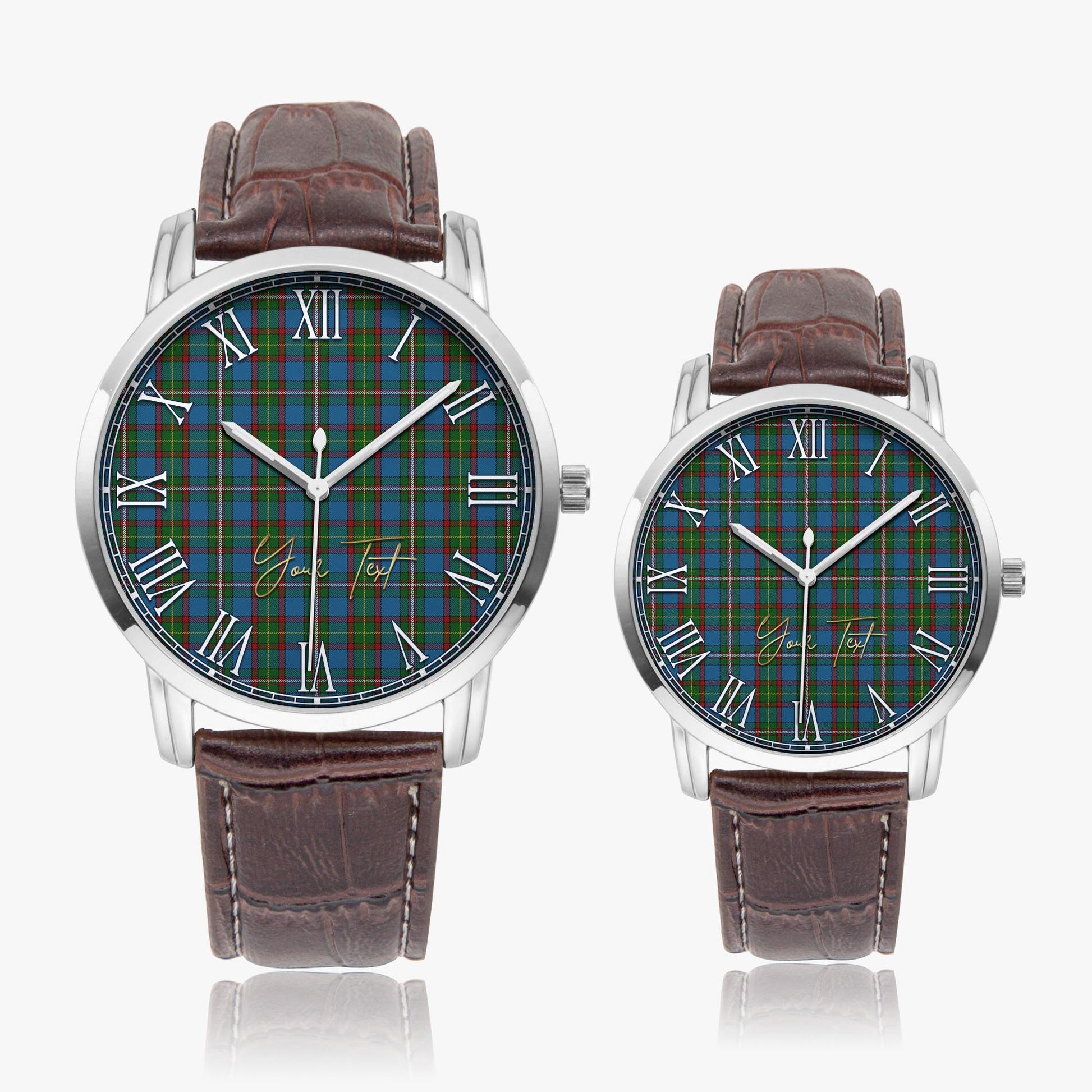 Tait Tartan Personalized Your Text Leather Trap Quartz Watch Wide Type Silver Case With Brown Leather Strap - Tartanvibesclothing Shop