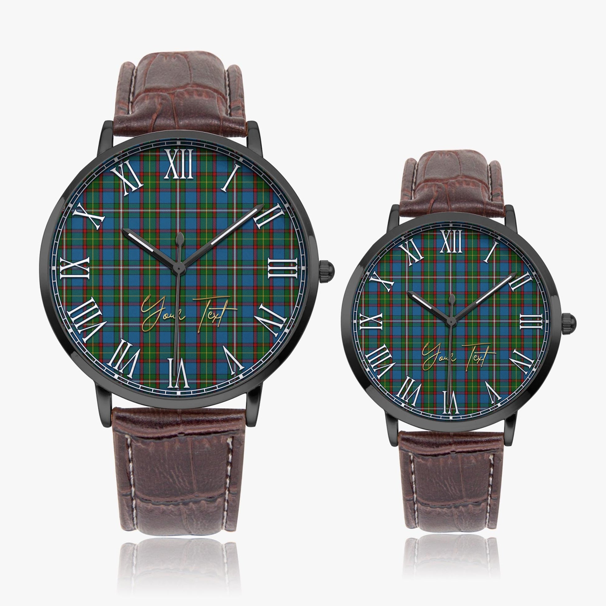 Tait Tartan Personalized Your Text Leather Trap Quartz Watch Ultra Thin Black Case With Brown Leather Strap - Tartanvibesclothing Shop