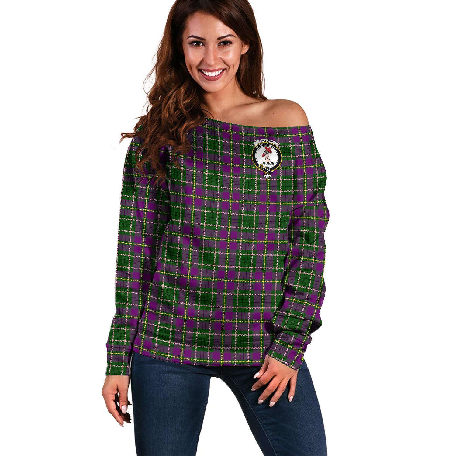 Taylor Tartan Off Shoulder Women Sweater with Family Crest Women - Tartanvibesclothing Shop