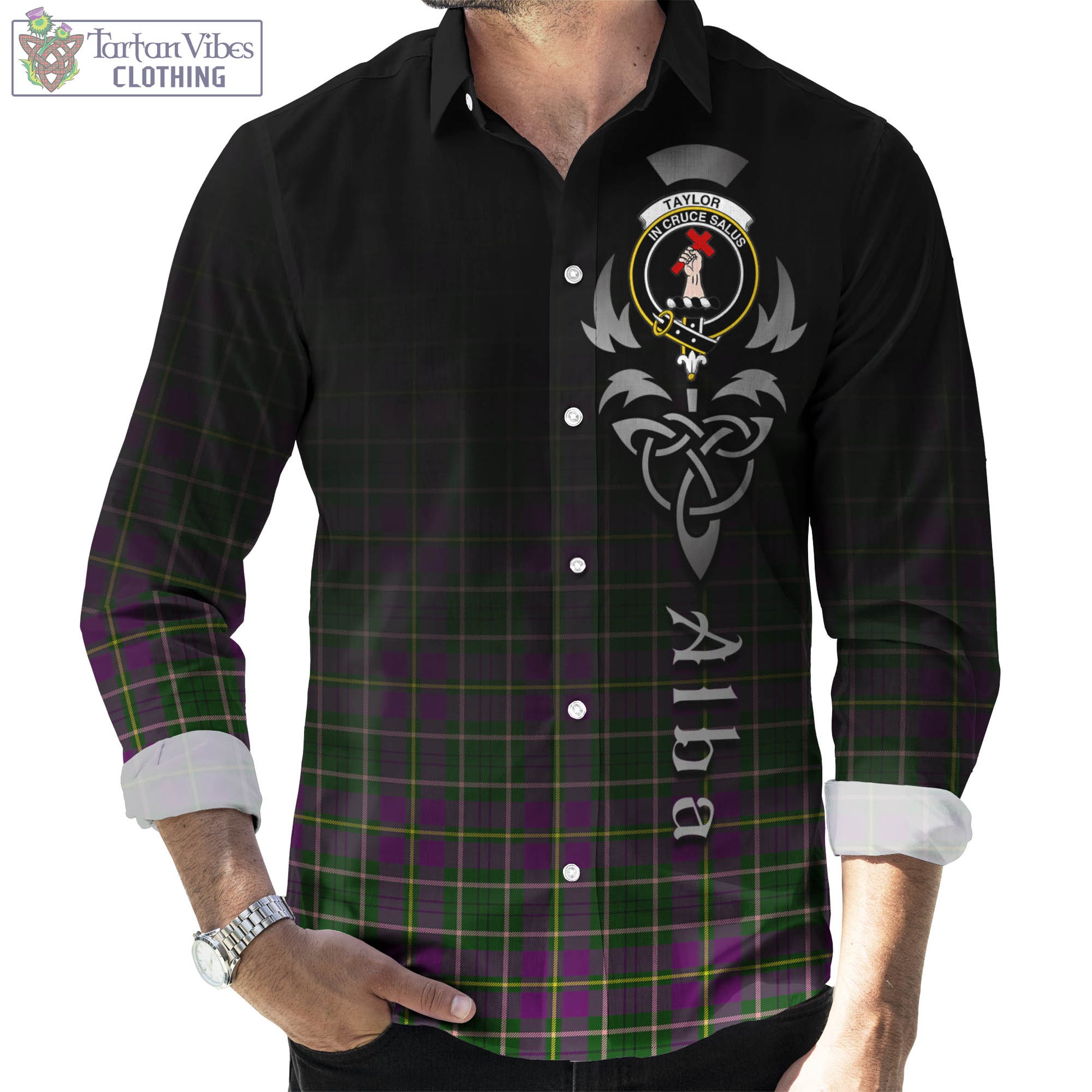 Tartan Vibes Clothing Taylor Tartan Long Sleeve Button Up Featuring Alba Gu Brath Family Crest Celtic Inspired