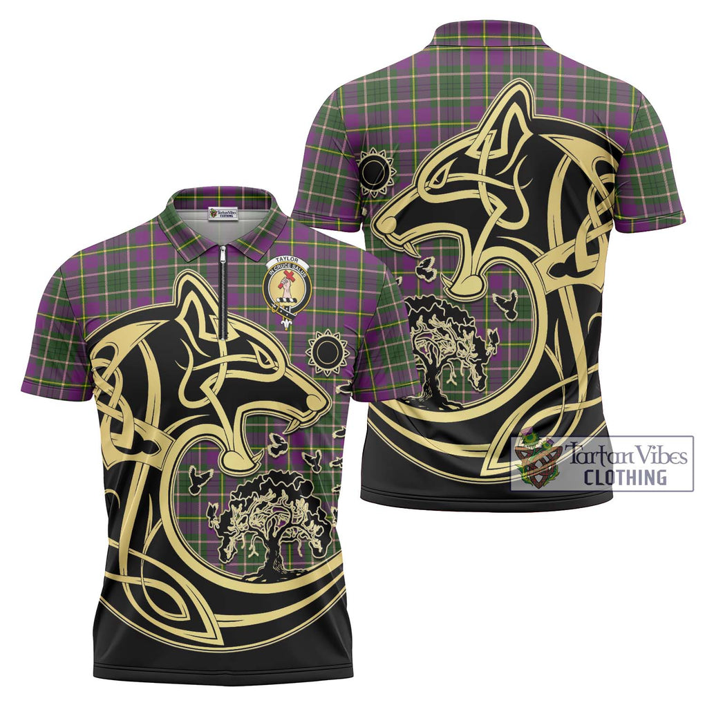 Taylor (Tailylour) Tartan Zipper Polo Shirt with Family Crest Celtic Wolf Style Unisex - Tartanvibesclothing Shop